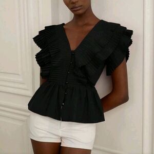 Elegant Multi-Layer Ruffle Pleated V-Neck Sexy Blouse
